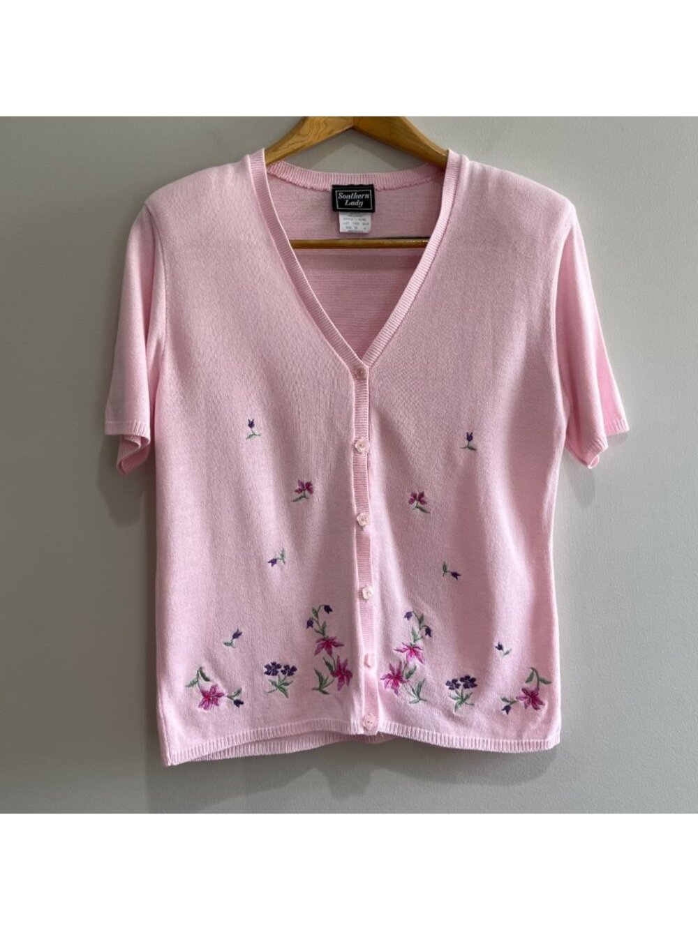 Southern Lady Embroidered Cardigan Sweater Womens M Pink Floral Vtg 90s Cottage